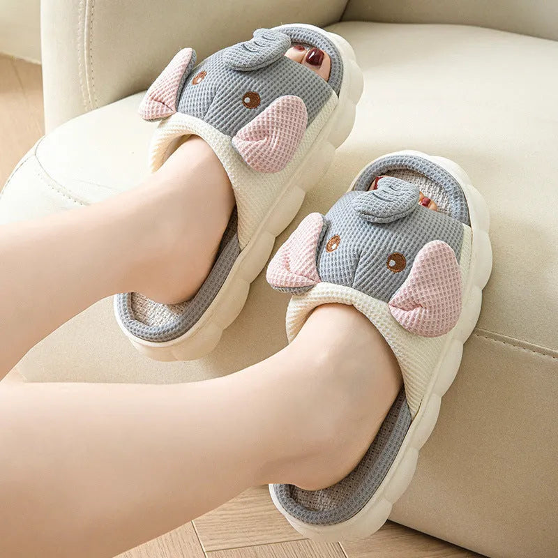 Elephant grey linen open toe couples slippers with PVC sole on wooden floor