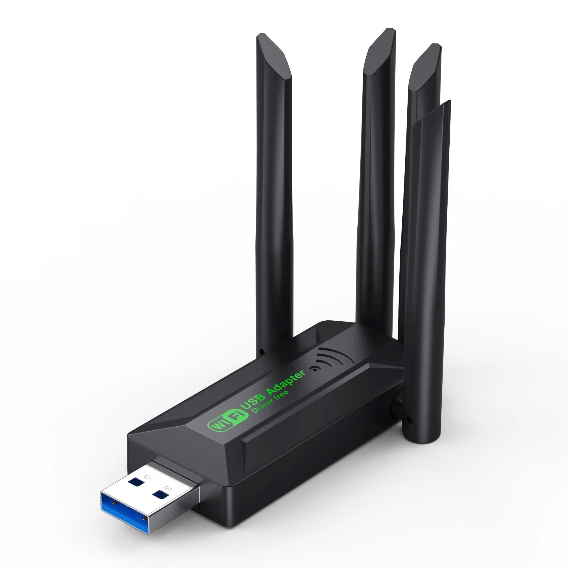 Black USB network transmitter dongle with four extended antennas for computer Wi-Fi connectivity.