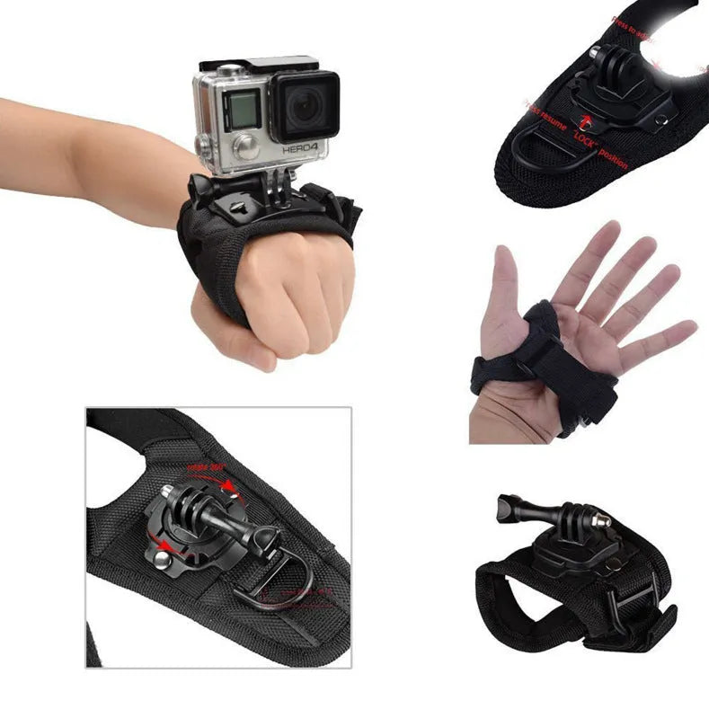 GoPro action camera mounted on a black wrist strap with a 360-degree rotating screw connection.