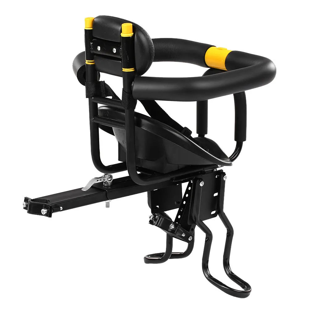 Front mounted steel bicycle child seat on mountain bike, black colour option