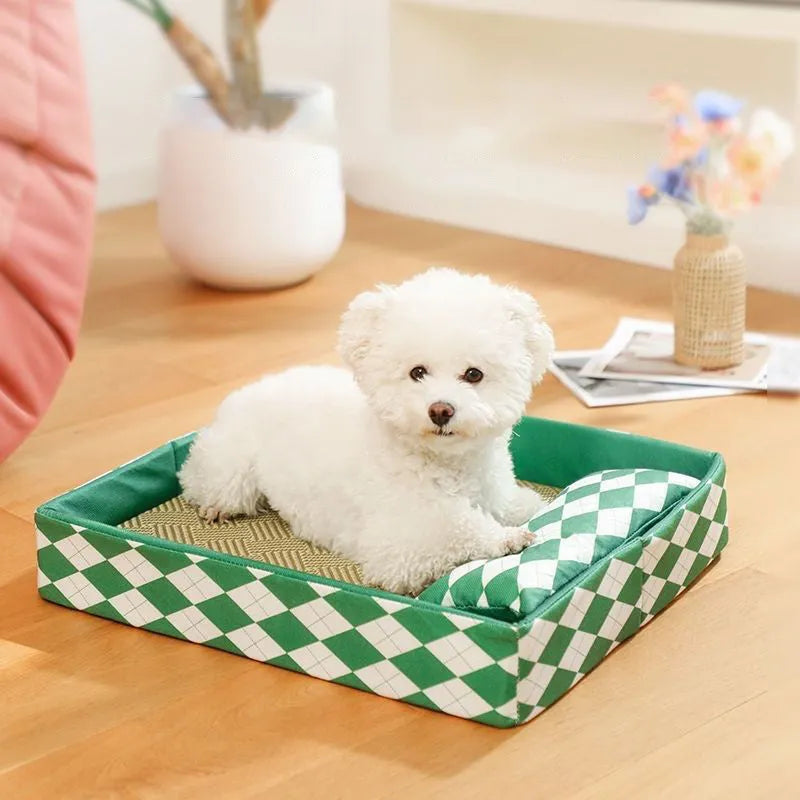 Blue rattan cat bed with attached washable fabric pad, shown in a medium size.