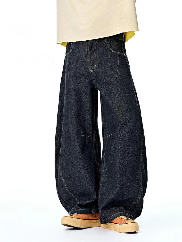 Men's wide-leg denim trousers in original cow colour cotton fabric showing American casual styling
