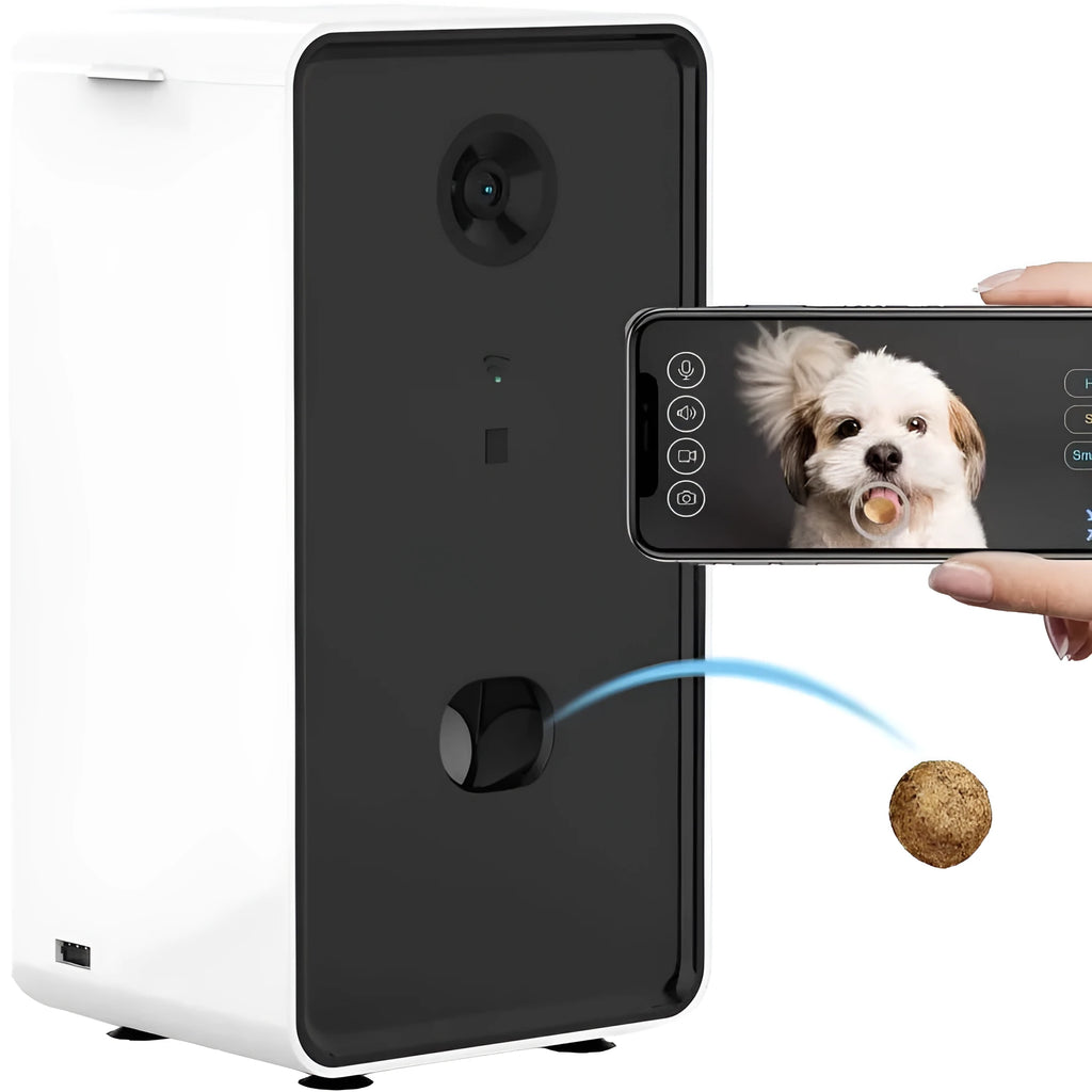 White ABS smart pet feeder interactive toy 0.5L capacity 16.5x16.5x28.5cm with WiFi and Alexa compatibility UK plug