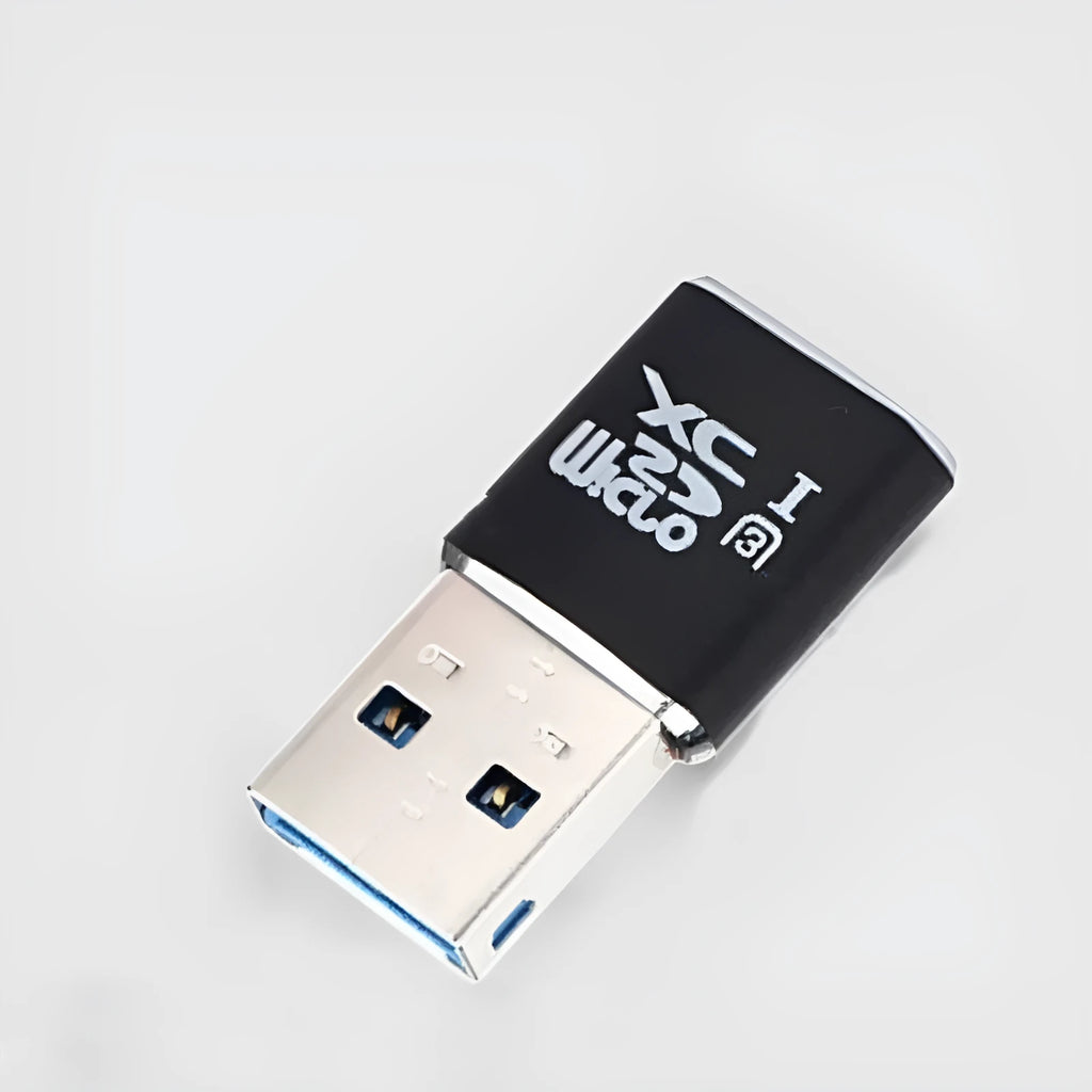 Black USB 3.0 micro SD memory card reader with CRMS001 model label.
