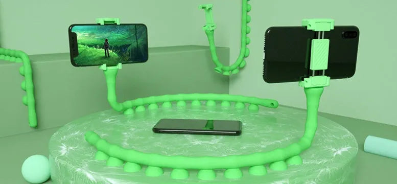 Black flexible mobile phone holder with 62cm gooseneck arm extended from suction cup base