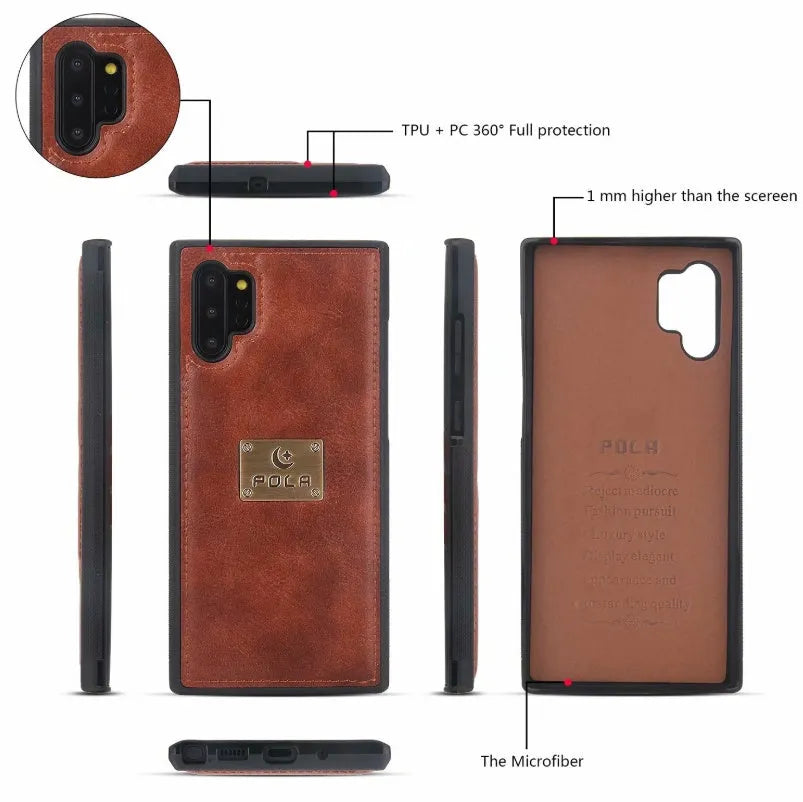 Black PU mobile phone wallet case with a zip closure, shown next to a credit card.