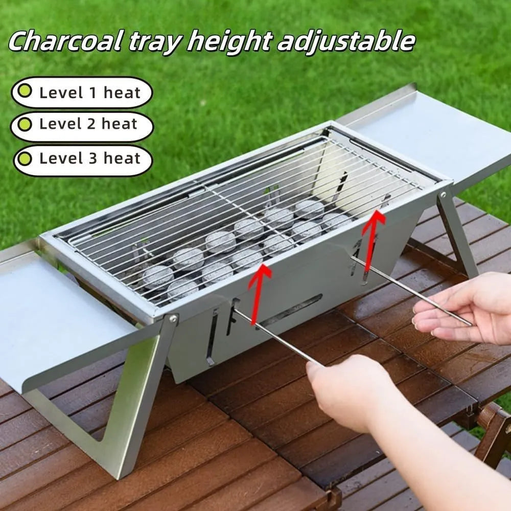 Small portable charcoal barbecue with foldable legs in a compact, folded position