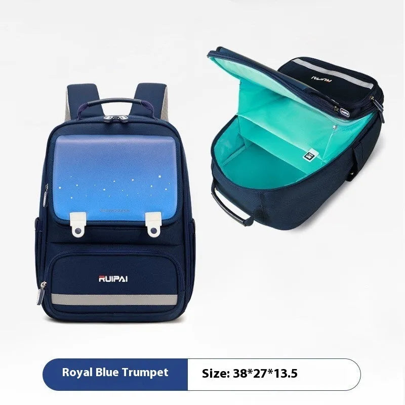 Primary school polyester backpack with burden reduction and spine protection, available in pink, red, purple and navy blue