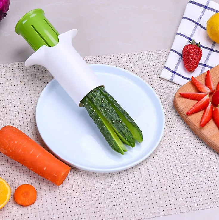 White ABS plastic vegetable and fruit slicer with six stainless steel blades.