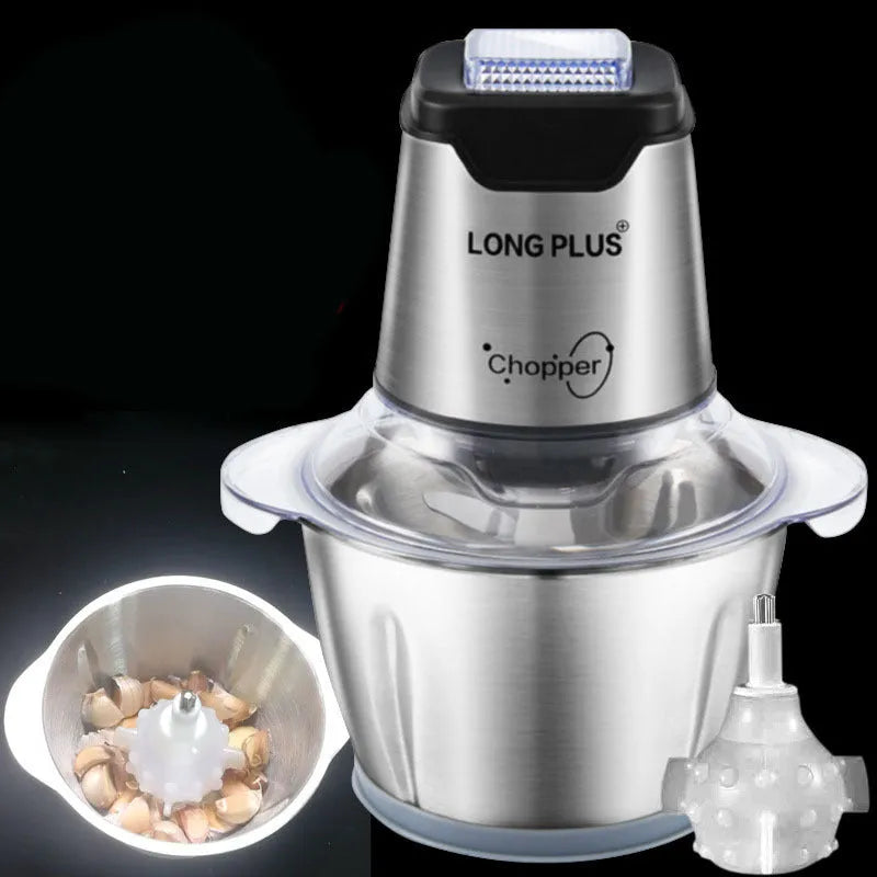 Silver and black electric meat grinder and garlic peeler appliance on a kitchen counter.