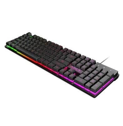 Black USB wired gaming keyboard with luminous backlit keys on a desk.