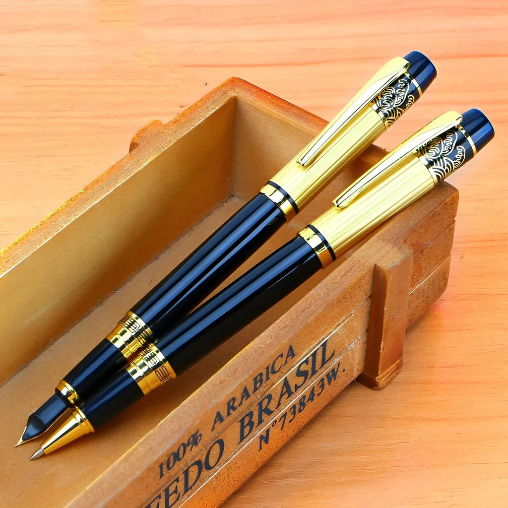 Black patterned orb metal fountain pen with iridium nib and rotating ink absorption system