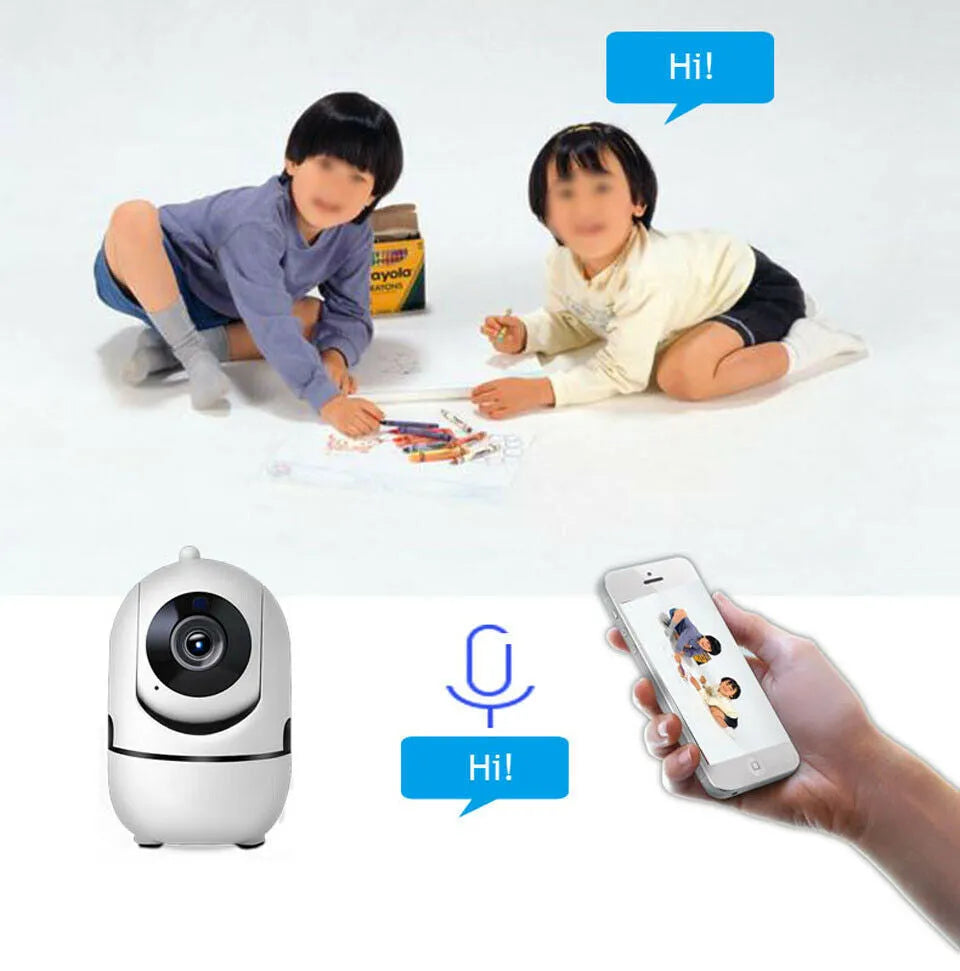 White WiFi CCTV IP camera with 1080P HD, 355° pan, 90° tilt, night vision and two-way audio, 160x69mm