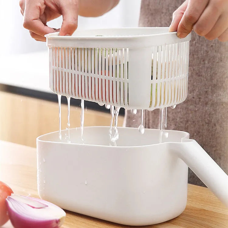 Nordic style multifunctional vegetable slicer in blue, grey, or khaki with stainless steel blades on a kitchen counter.