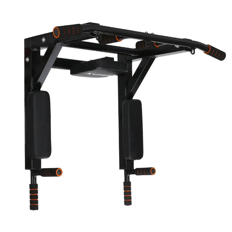 Black wall-mounted steel fitness station with sandbag rack, parallel bars and pull-up bar