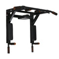 Black wall-mounted steel fitness station with sandbag rack, parallel bars and pull-up bar