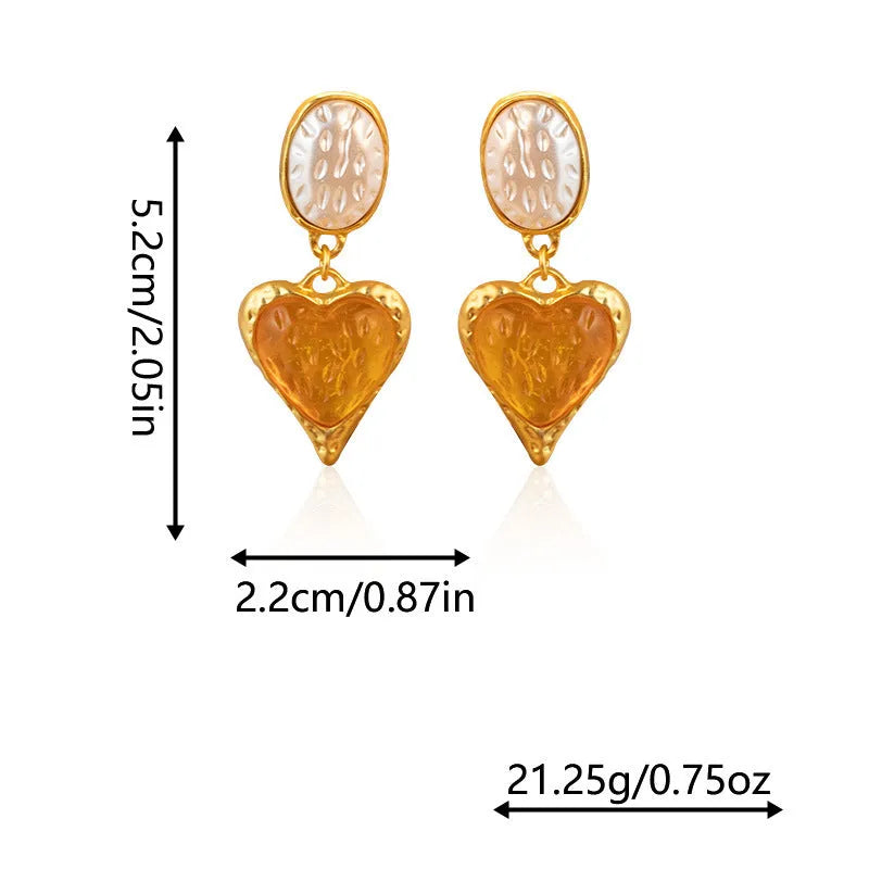 Pleated oval love heart stud earrings in alloy, showing purple, red, green, and yellow with white colour variations.