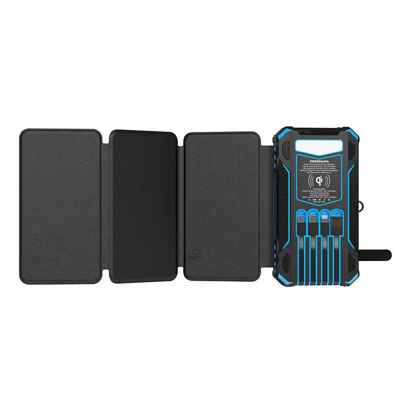Black 20000mAh solar power bank with three fold folding design and plastic shell, shown open.