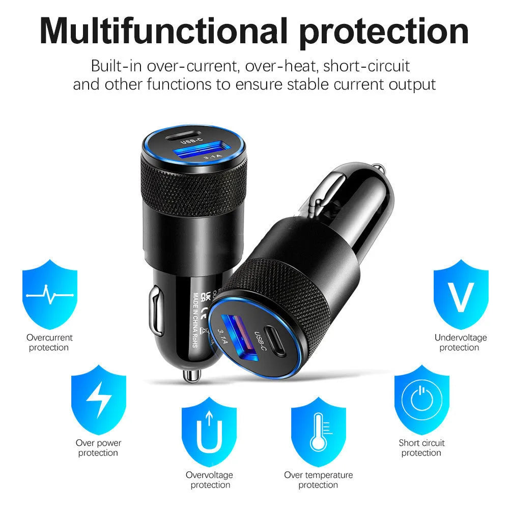 Aluminium alloy twin USB car charger shown in black, plugged into a car dashboard 12V socket.
