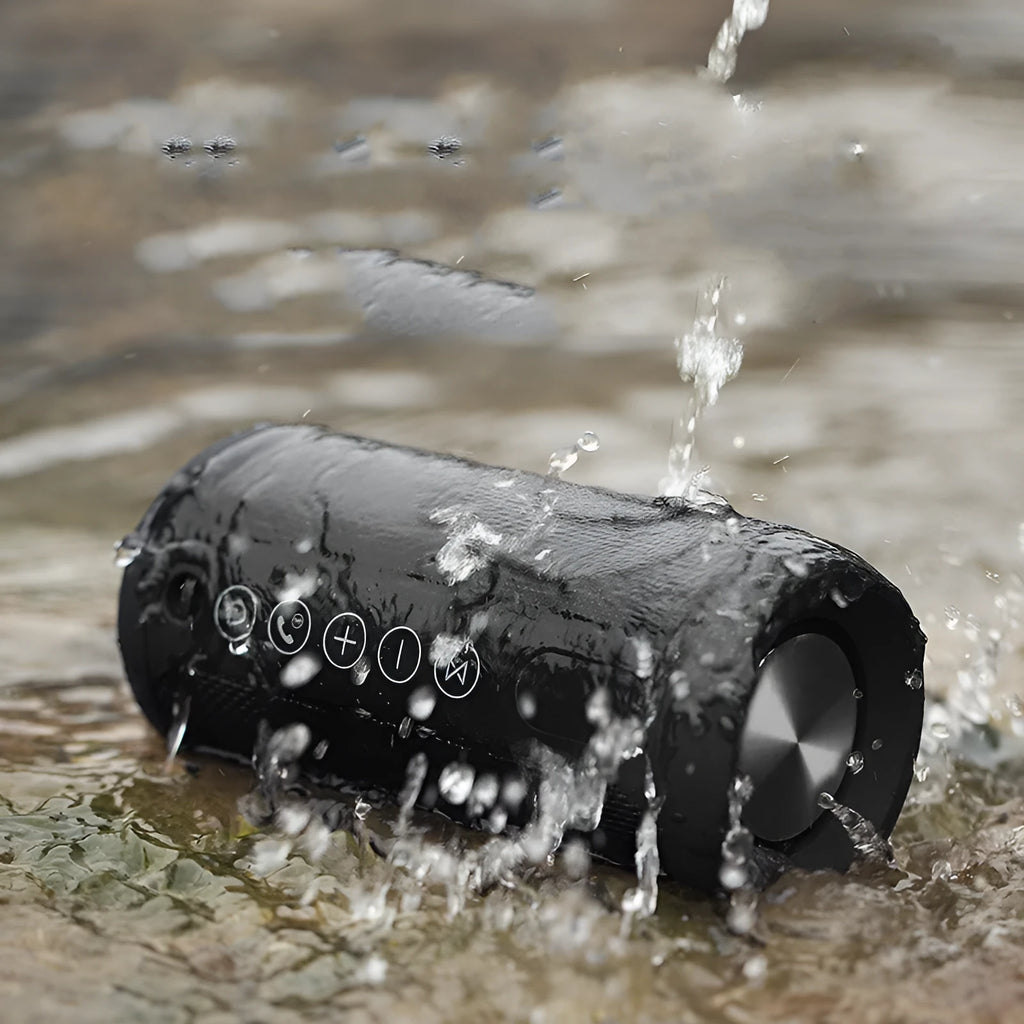 Waterproof outdoor portable Bluetooth speaker in black, camouflage, grey, or red colour options.