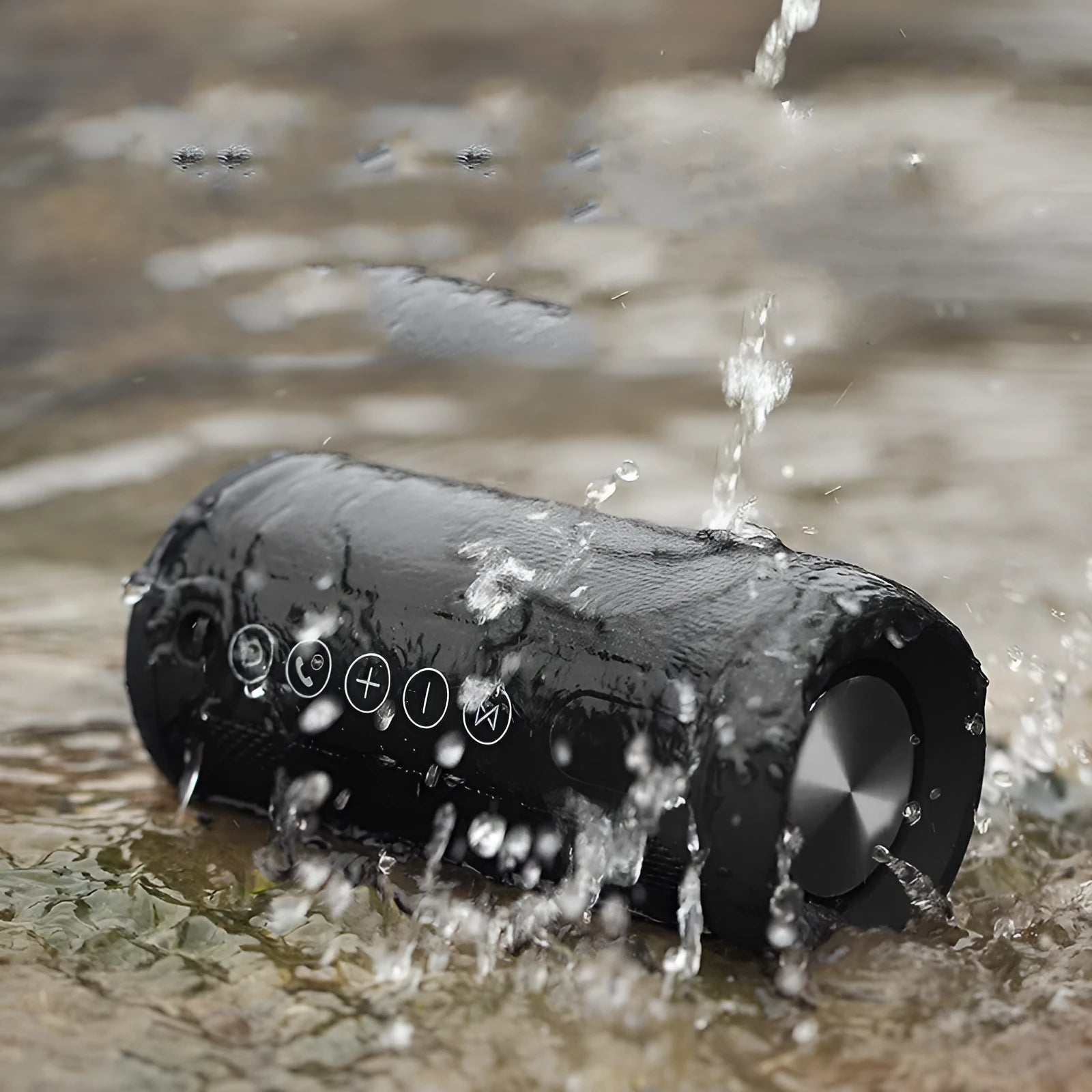 Waterproof outdoor portable Bluetooth speaker in black, camouflage, grey, or red colour options.