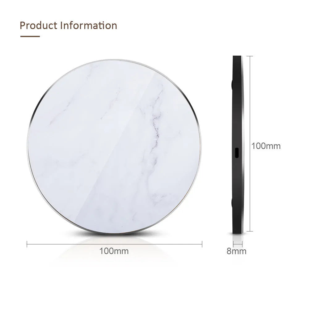 Marble wireless charger 10W Qi pad 100x100x8.5mm in Black or White