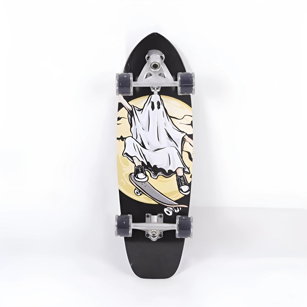 White wooden street scooter with maple deck, 31 inches long, on pavement.