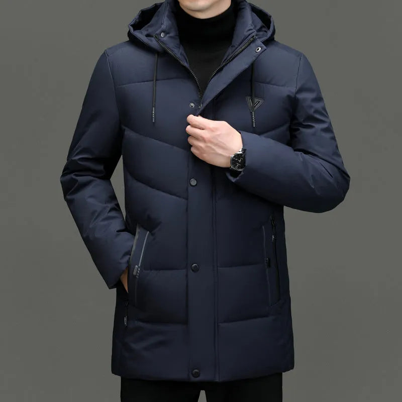 Men's extra thick down cotton-padded jacket in black, Korean casual cardigan style, regular fit, polyester fabric