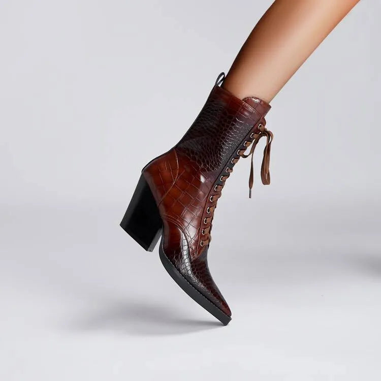 Retro dark brown women's ankle boots with pointed toe, chunky heel, side zipper, and stone pattern stitching.