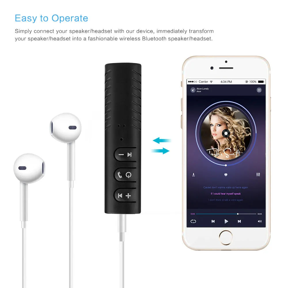 Black Bluetooth car audio adapter with 3.5mm aux connector and Mini USB charging port