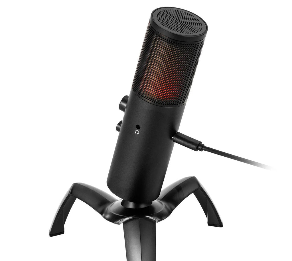 Black metal USB condenser microphone with RGB lighting on integrated tripod mount