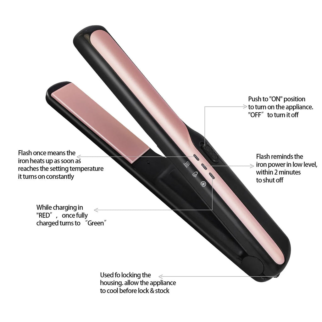 USB wireless hair straightener with tourmaline ceramic 15mm plates, black colour, cordless design on white background