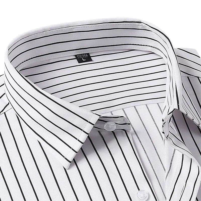 Men's striped long sleeve slim fit business shirt in a polyester blend fabric on a hanger.