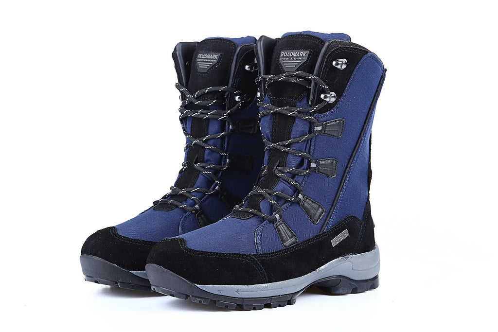 Women's black mid-calf length genuine leather snow boots with a round toe and rubber sole.