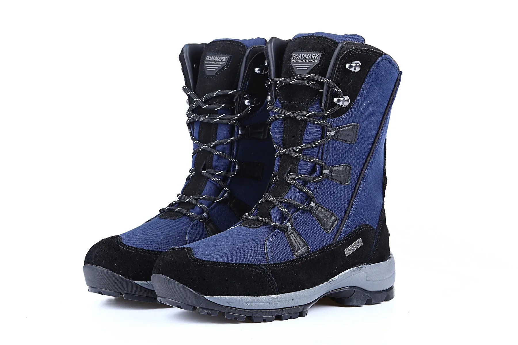 Women's black mid-calf length genuine leather snow boots with a round toe and rubber sole.