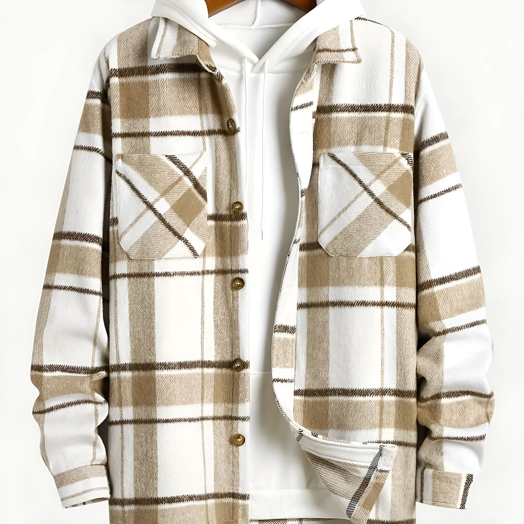 Men's plaid cardigan shirt, long sleeve, loose fit, dark khaki cloth colour, spandex fabric, sizes S-XXL