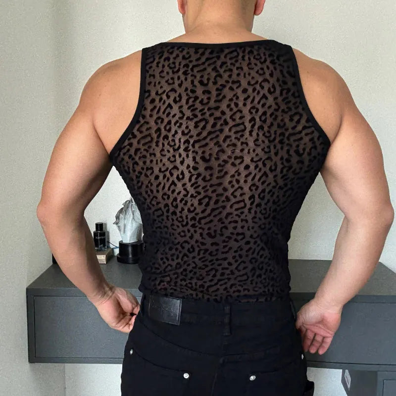 Leopard print cutout see-through black vest for men sleeveless t-shirt base layer