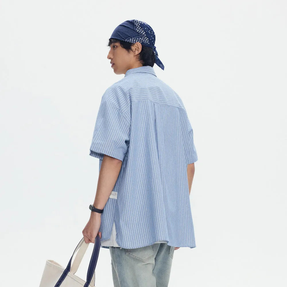 Blue striped loose fit cotton blend overshirt with short sleeves and cardigan style