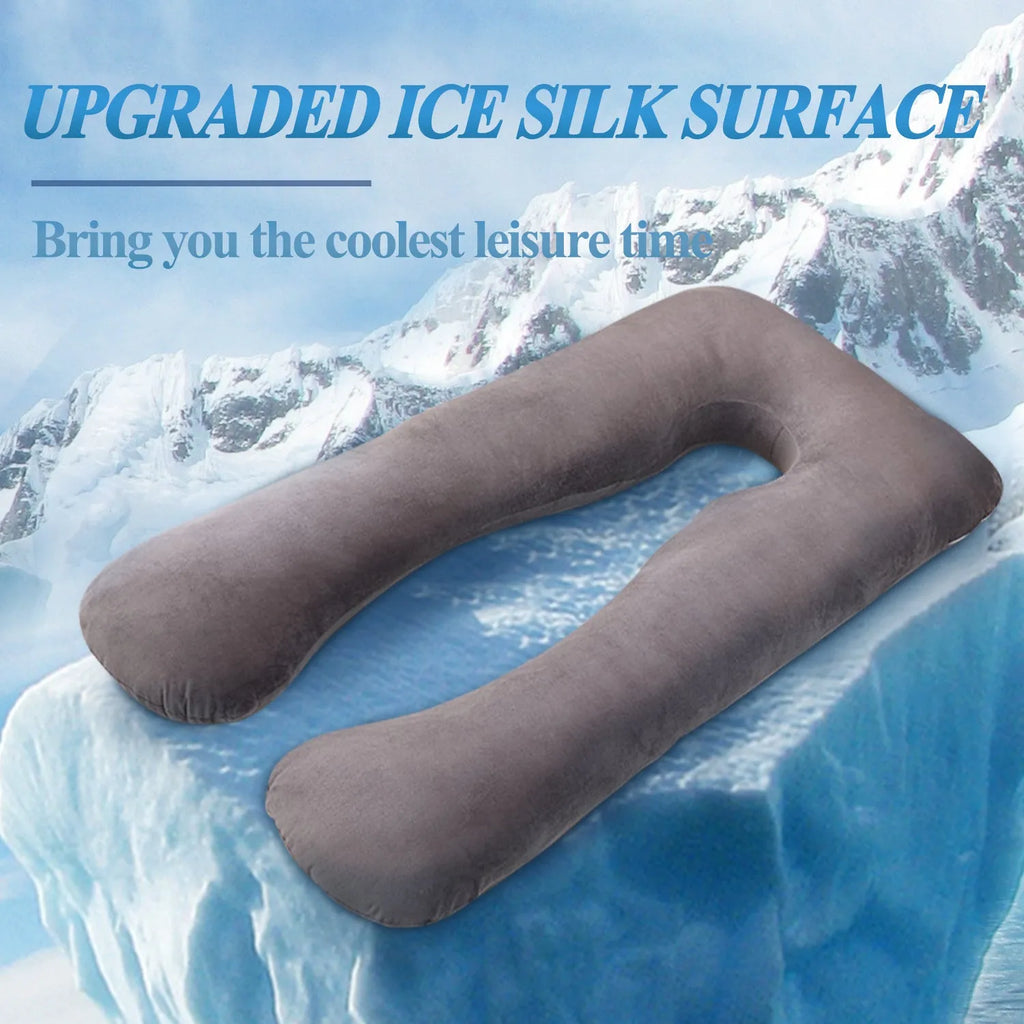 U-shaped pregnancy pillow in ice silk fabric, shown in grey colour.