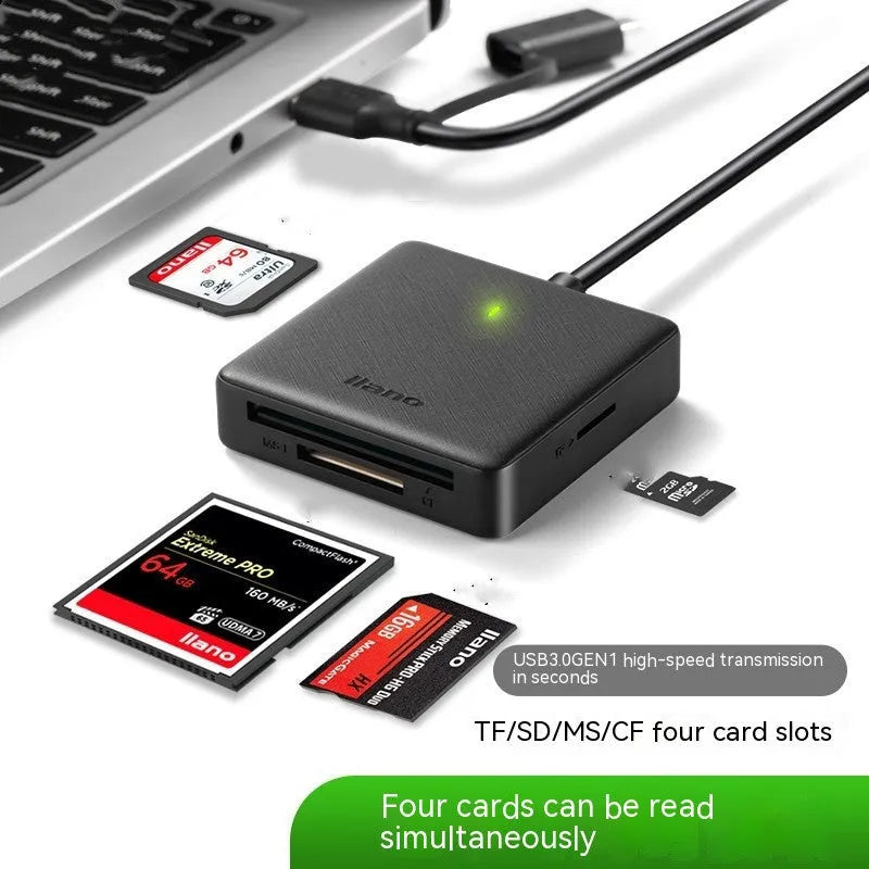 SDTFCF USB 3.0 multi-drive card reader with Type-C, compact ABS body, reads four memory cards at once