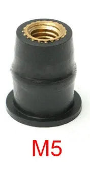 Black motorcycle well nut fasteners with brass threads in M4, M5, and M6 sizes for panel mounting.