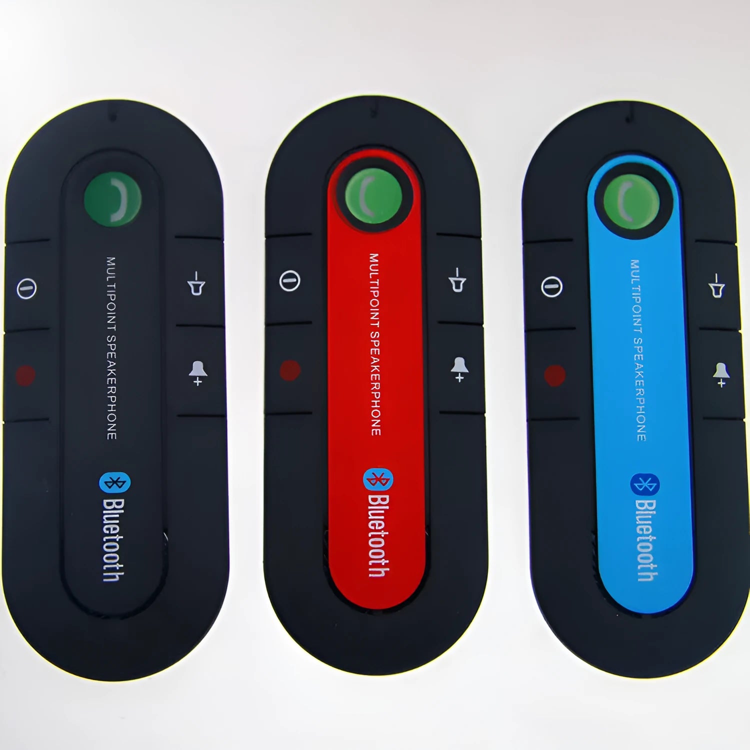 Black vehicle-mounted Bluetooth handsfree device clipped to car sun visor with aux cable