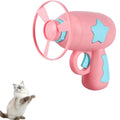 Blue plastic cat toy gun with a mounted orange frisbee, shown on a white background.
