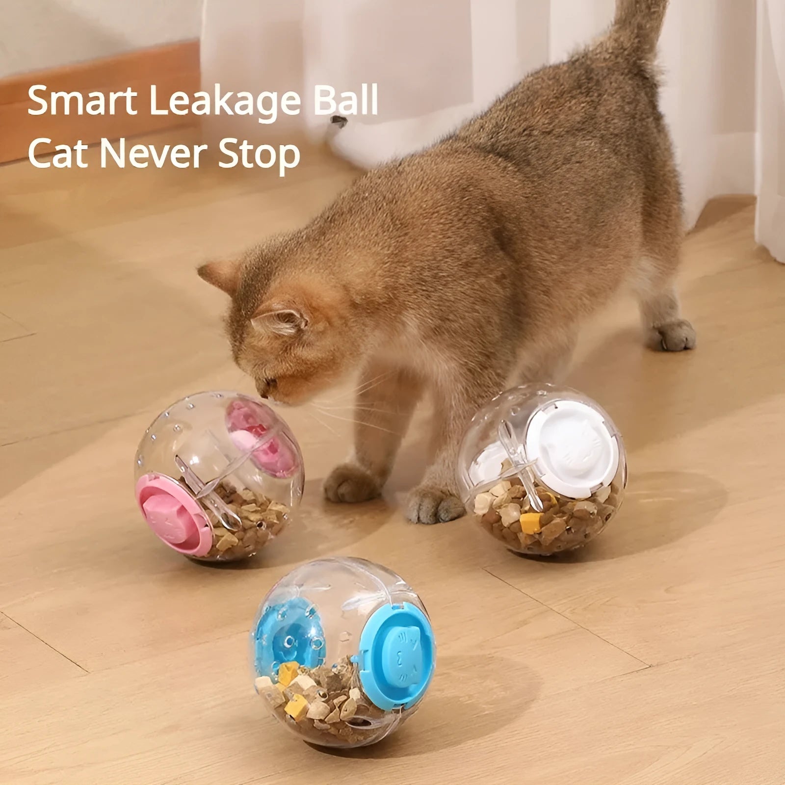Blue pet slow feeder ball toy with food leakage holes on white background showing 11.5cm diameter