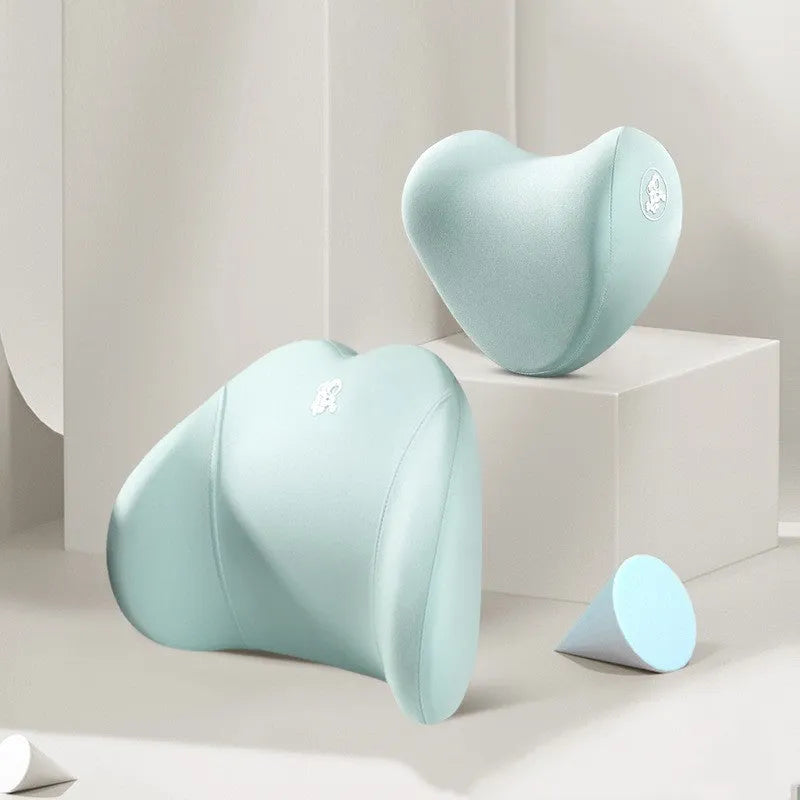 Heart-shaped memory foam car pillow set with headrest and lumbar support pillows in cotton covers