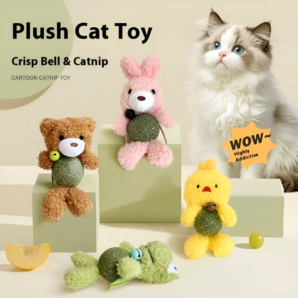 Plush catnip toy shaped like a bear, rabbit, or frog with a mint ball and bell, shown next to a 15cm ruler.