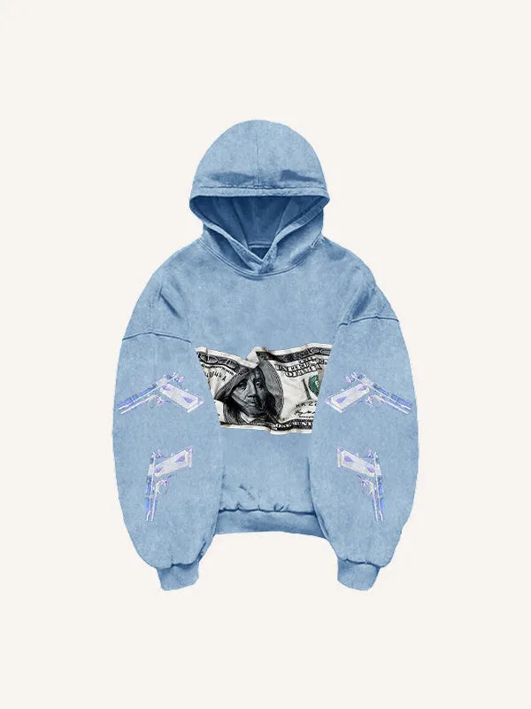 Printed polyester sweater in black, blue, pink, or white, sizes XS to 3XL