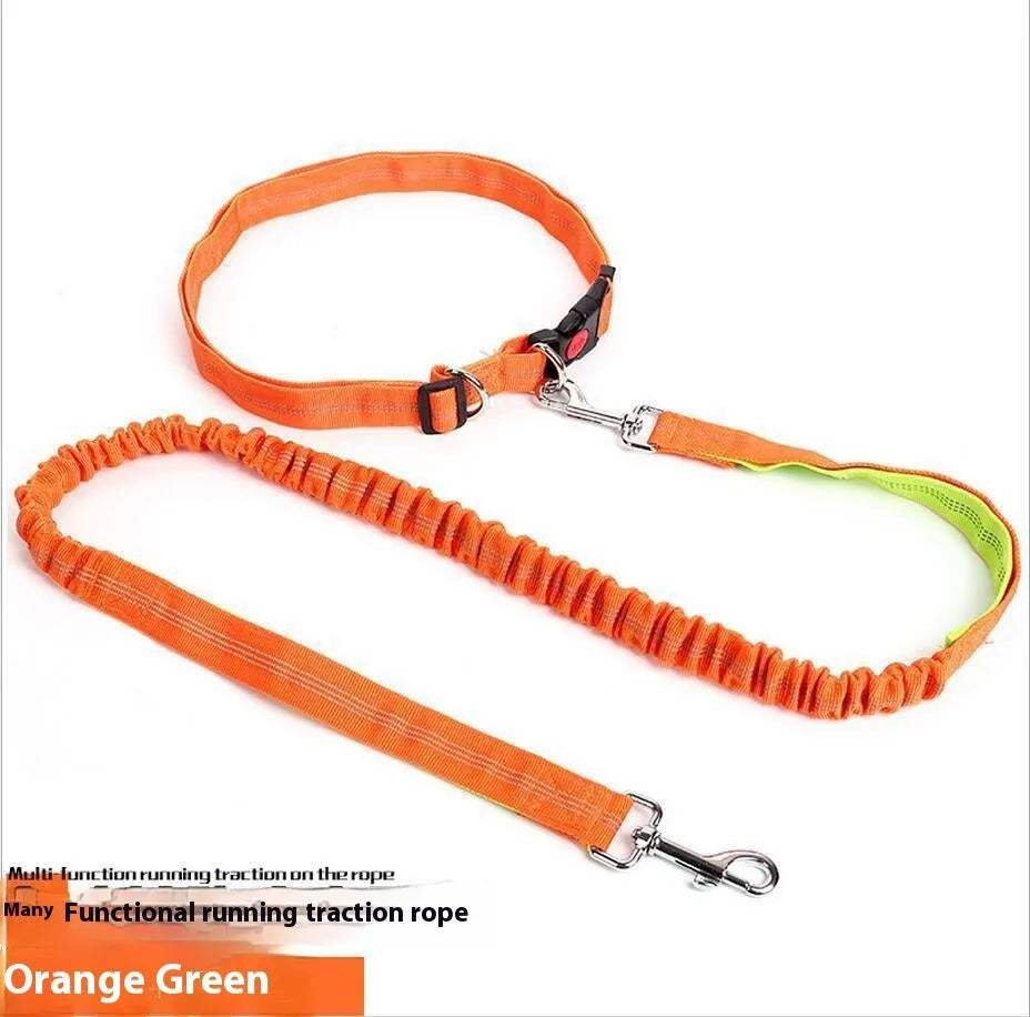 Grey and green hands-free running dog leash with reflective strips and elastic sling design