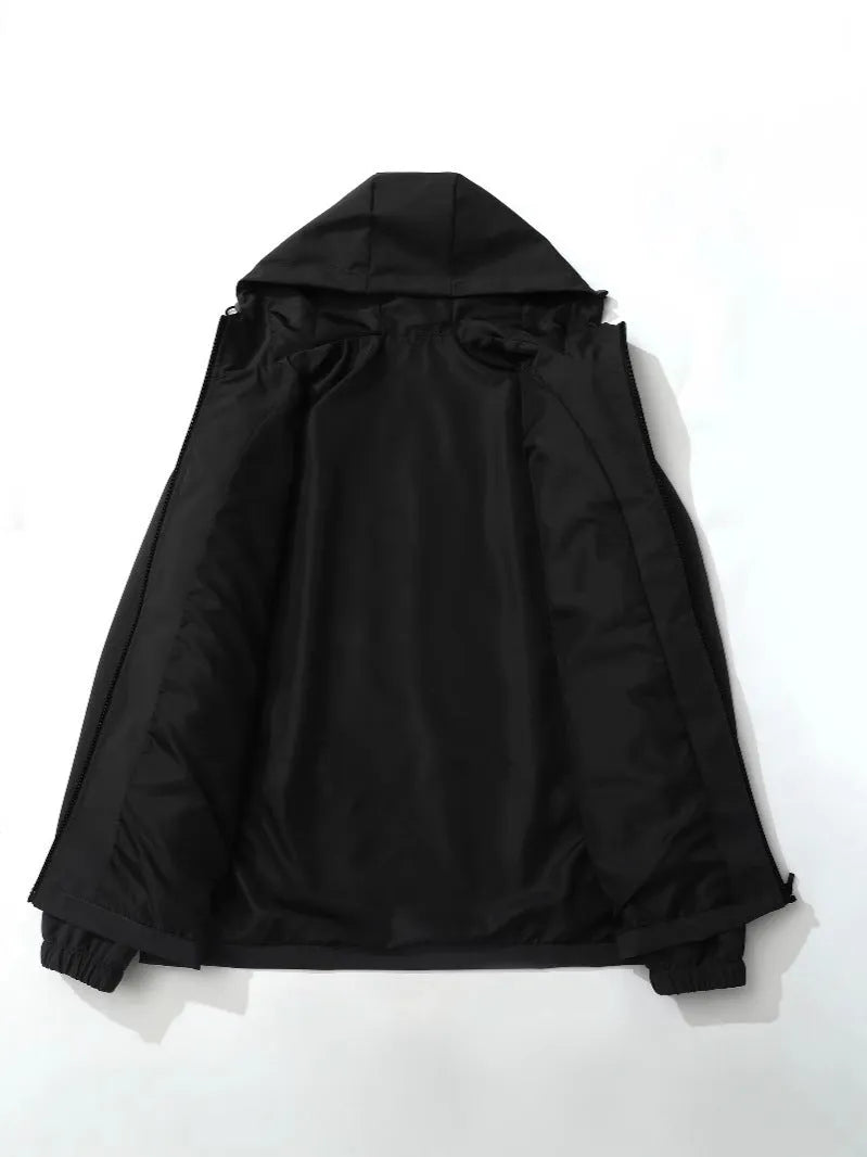Men's polyester long sleeve outdoor wild jacket in spring and autumn, available in black, grey, and ivory white