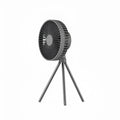 Grey tripod camping fan with LED light, hanging from a tent ceiling, showing metal grille and ABS body